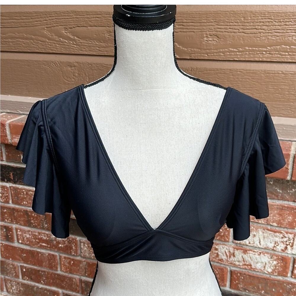 SPORLIKE Women's Small Black Ruffle V-Neck Push-Up Bikini Swim Top NWT